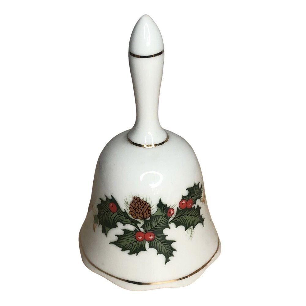 Vintage Porcelain Christmas Bell Holly Berries Pinecone Gold‎ Trim Decor